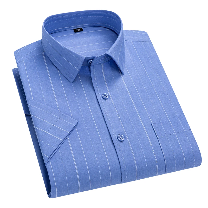High Quality Shirt Men Short Sleeve Summer Casual Stripe Check Business Regular-Fit Formal Single Pocket Soft Office Man Clothes
