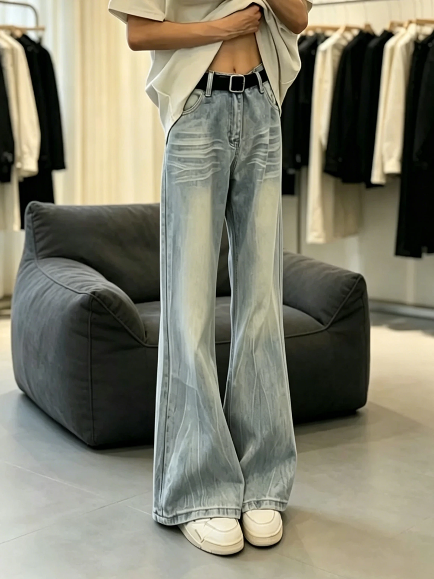 

Cleanfit High Waist Straight Leg Men's Jeans Blue Washed out Thunder Pattern Micro Flared Trousers Casual Wear for Teens