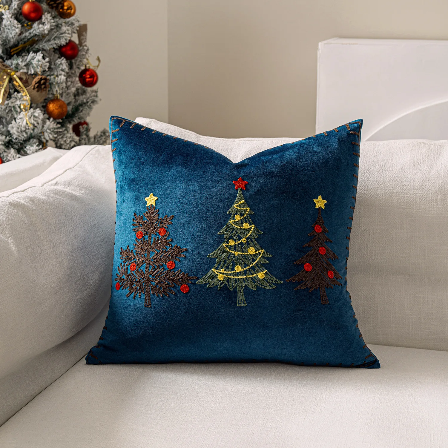 45x45cm Weihnachtsbaum bestickter Kissenbezug Cojines kurzer Plüsch Weihnachten Wohnzimmer dekorativer Heimsofa-Überwurf-Kissenbezug – Detail 10
