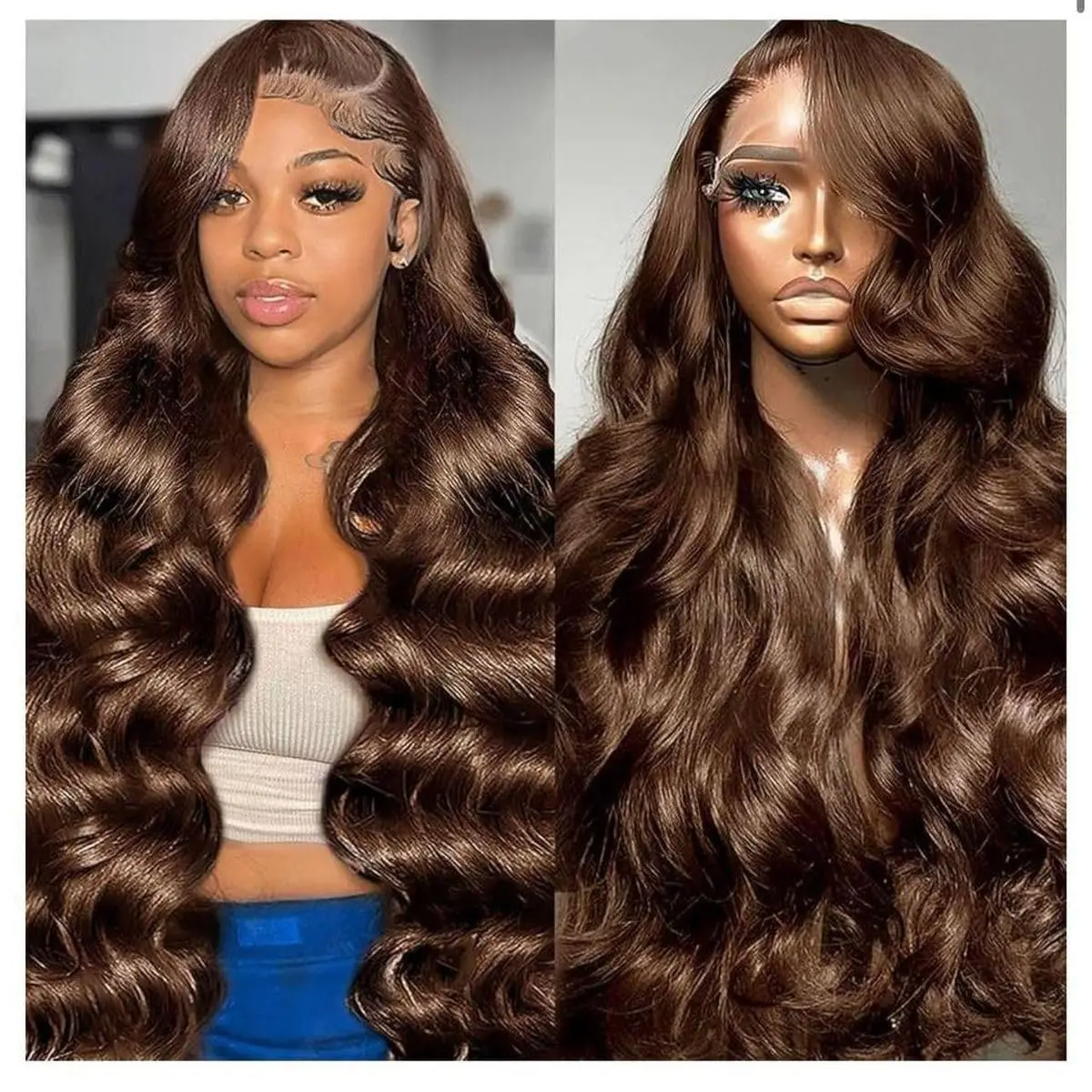

30 Inch Chocolate Brown Lace Front Wig Human Hair 200 Density Body Wave Pre Plucked