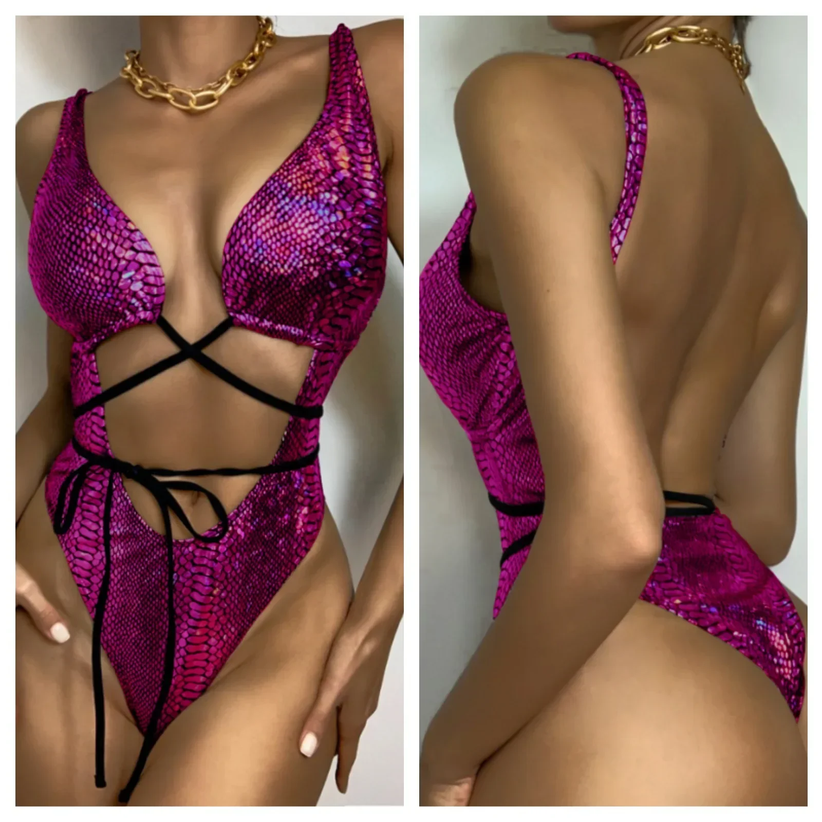Bandage Snakeskin Monokini Hollow Out One Piece Swimsuit Women Bandeau Bathing Suit Backless Bodysuit Largesize Swim Suit