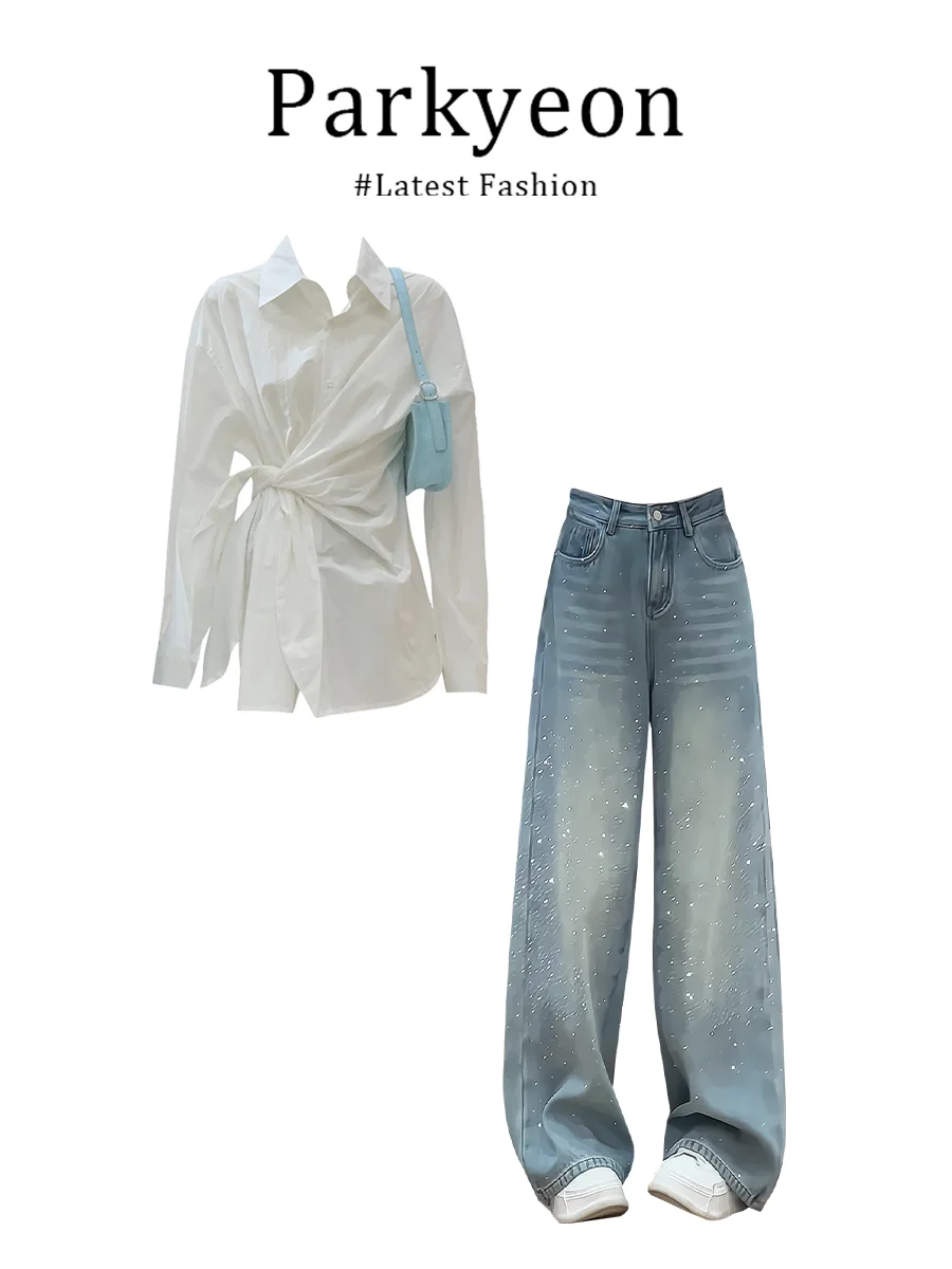 

White Shirt Women's Fashion Summer New Side Waist Tie Design Denim Pants Set Casual Loose Fit round Neck Long Sleeve Shirt