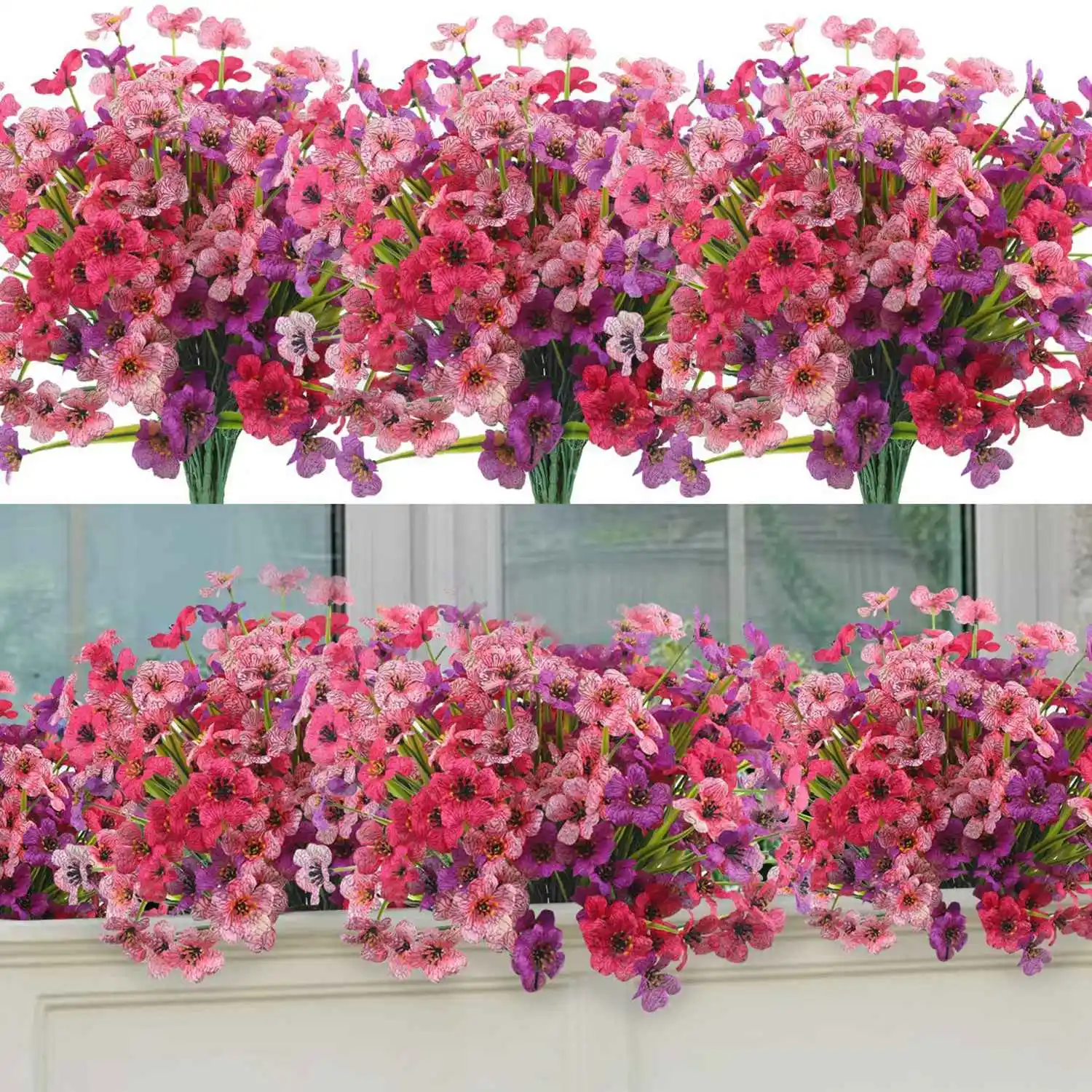 A45I Artificial Outdoor Plants and Flowers 12 Bundles,UV Fake Flowers for Home Decoration,Pink Fuchsia