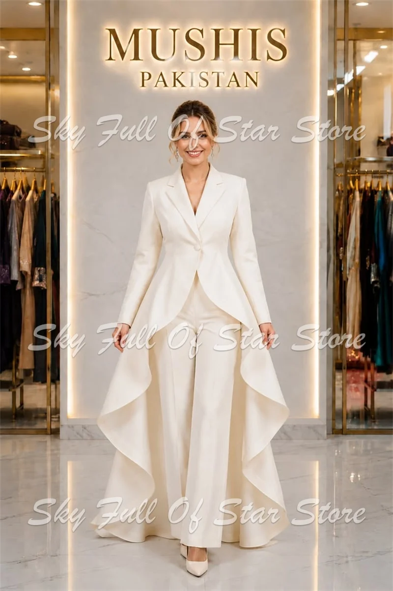 Women Suit Set 2 Pcs Satin Long Ruffle Train Peplum Blazer+Wide Leg Pants Custom Formal Wedding Evening Party PromLady Outfit