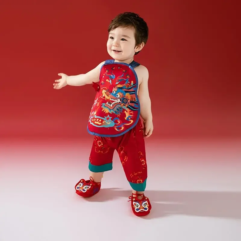 2024 Summer Kawaii Red Halter Neck Dragon Printed Belly Pants Tang Suit Baby Boys Girls Chinese Style Newborn Children's Clothes