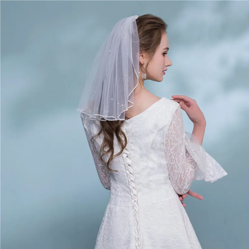 Kristall Perlen Perle Schleier Tüll Mariage Weiß Elfenbein Hochzeit Vail Ein Layer Short Braut Schleier Blume Mädchen Schleier Braut Zubehör