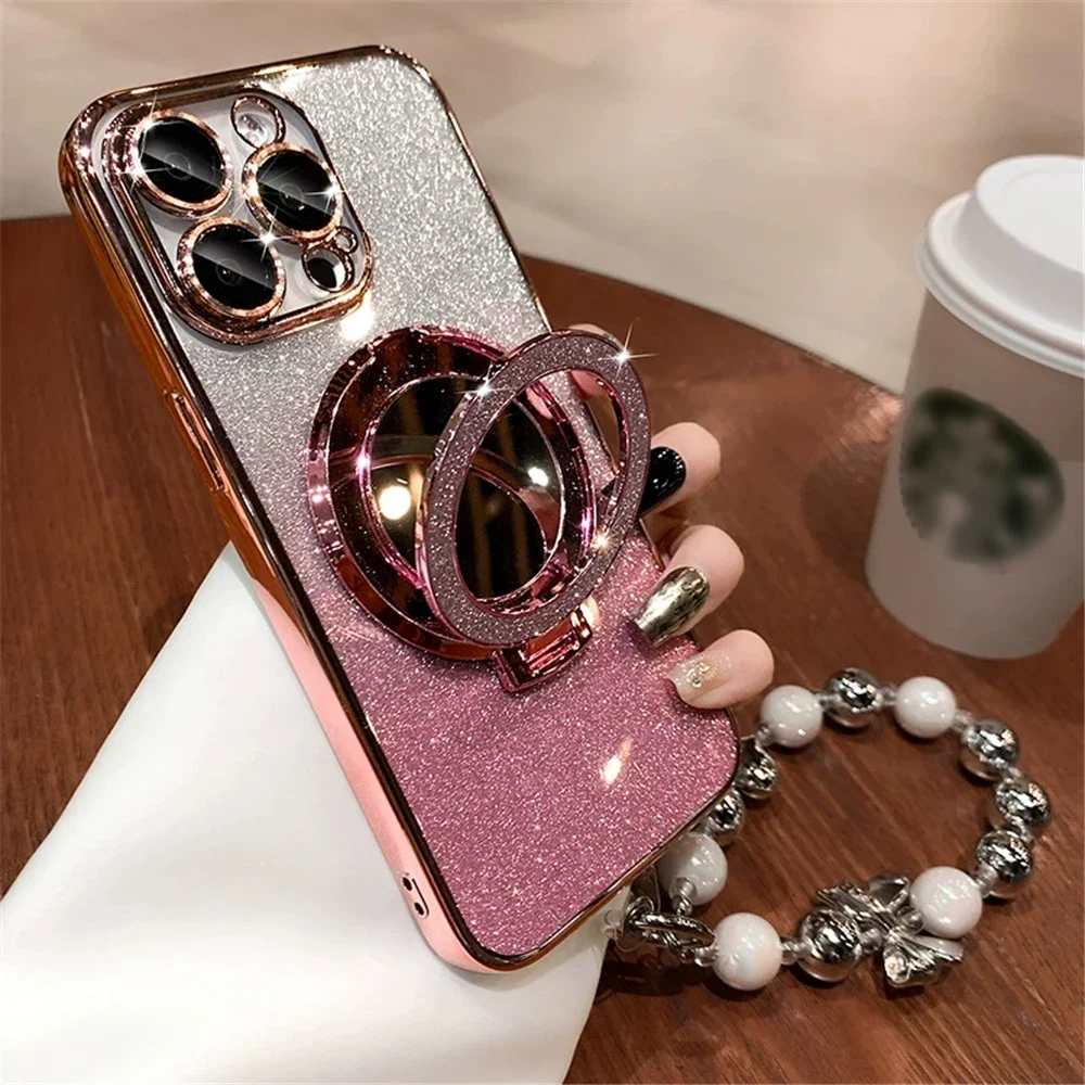 Glitter Mirror Bracket Gradient Case For Samsung A56 A26 A36 A16 A06 A55 A15 A35 A54 A24 A34 A14 A05S Soft Cover With Bracelet