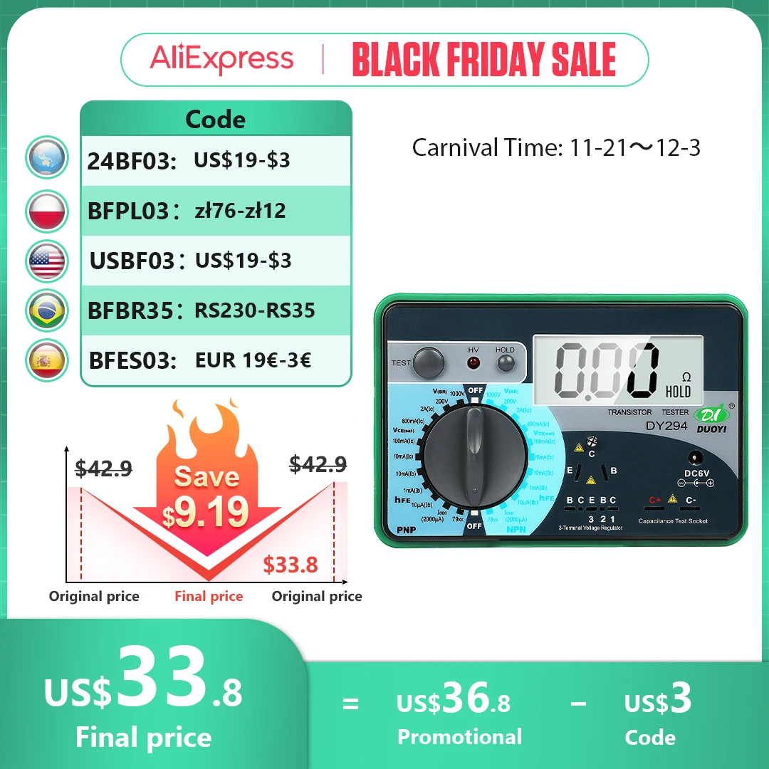 DUOYI DY294 Multifunction Digital Transistor Analyzer Tester Semiconductor Diode Triode Reverse AC DC Voltage Capacitance FET