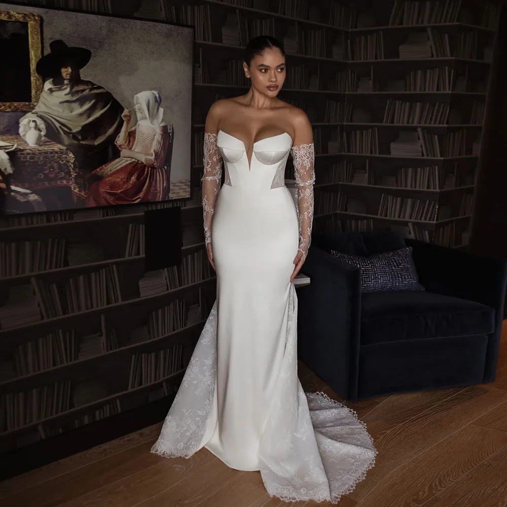 

MCDV Vintage Wedding Dresses For Plus Size Women Mermaid Applique Lace vestido novia Customized Detachable Sleeve Bride Gowns