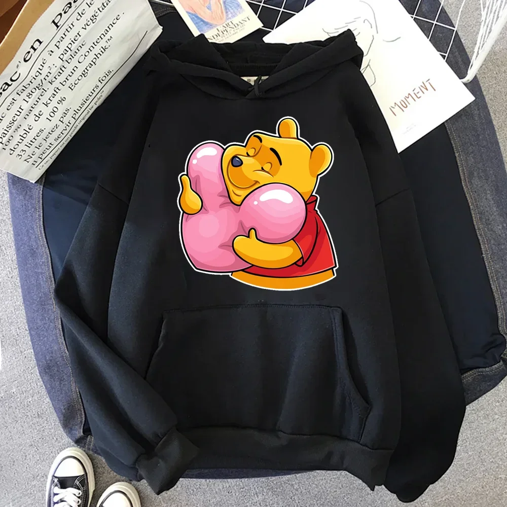 Kawaii Disney Cartoon Hoodies Winnie The Pooh Print Women Casual Hoodie Harajuku Autumn O-neck Black Pullovers Sweatshirts Tops