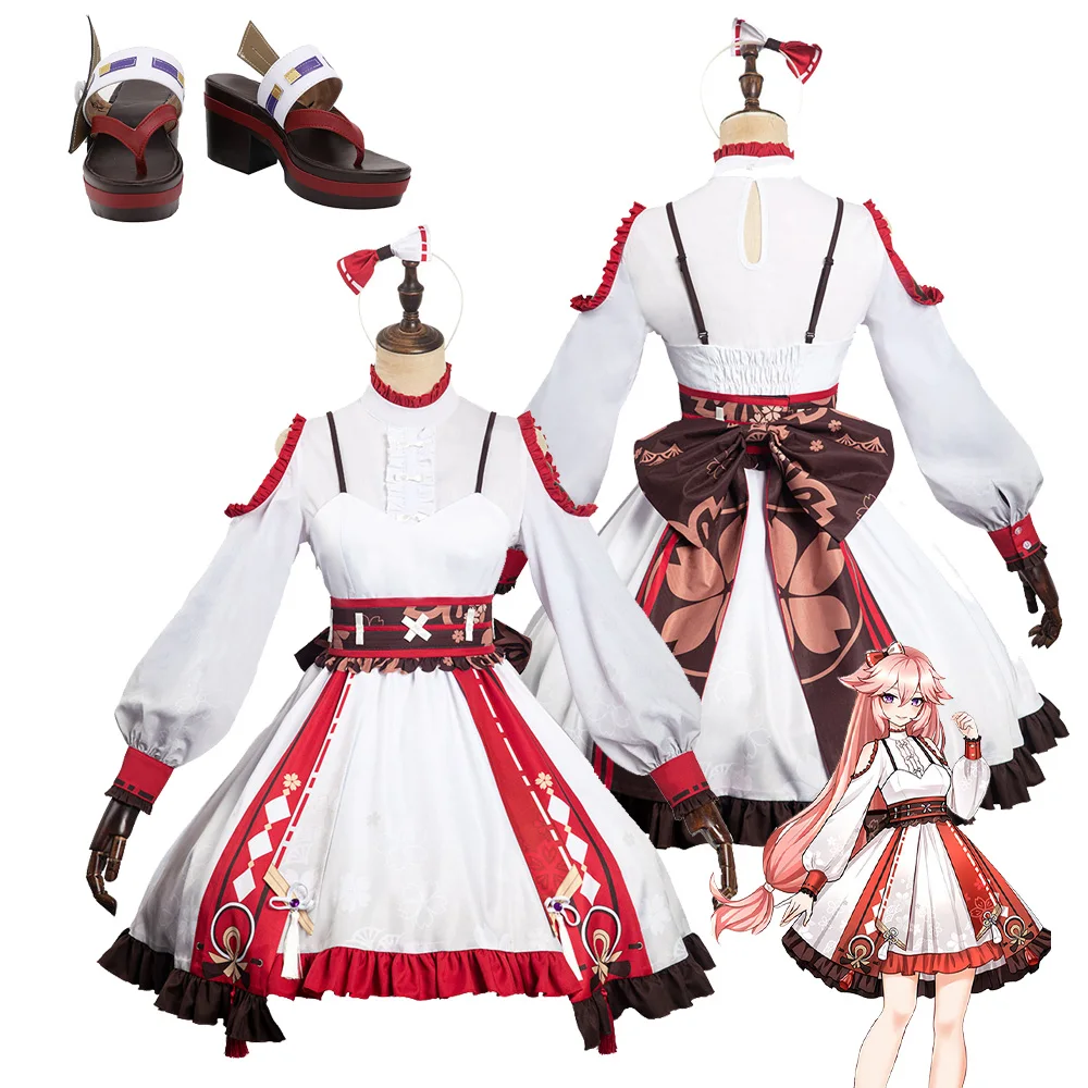 Yae Miko Cosplay Lolita Vestido Sapatos para Mulheres, Game Genshin Impact Traje, Botas, Calçado, Dia das Bruxas, Terno de Carnaval, Senhoras