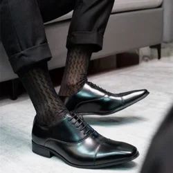 2024 Mens Socks Black Hollow Out Wave Jacquard Business Mid Tube Socks Man Gentleman Dress Socks Breathable Sexy Men's Stockings