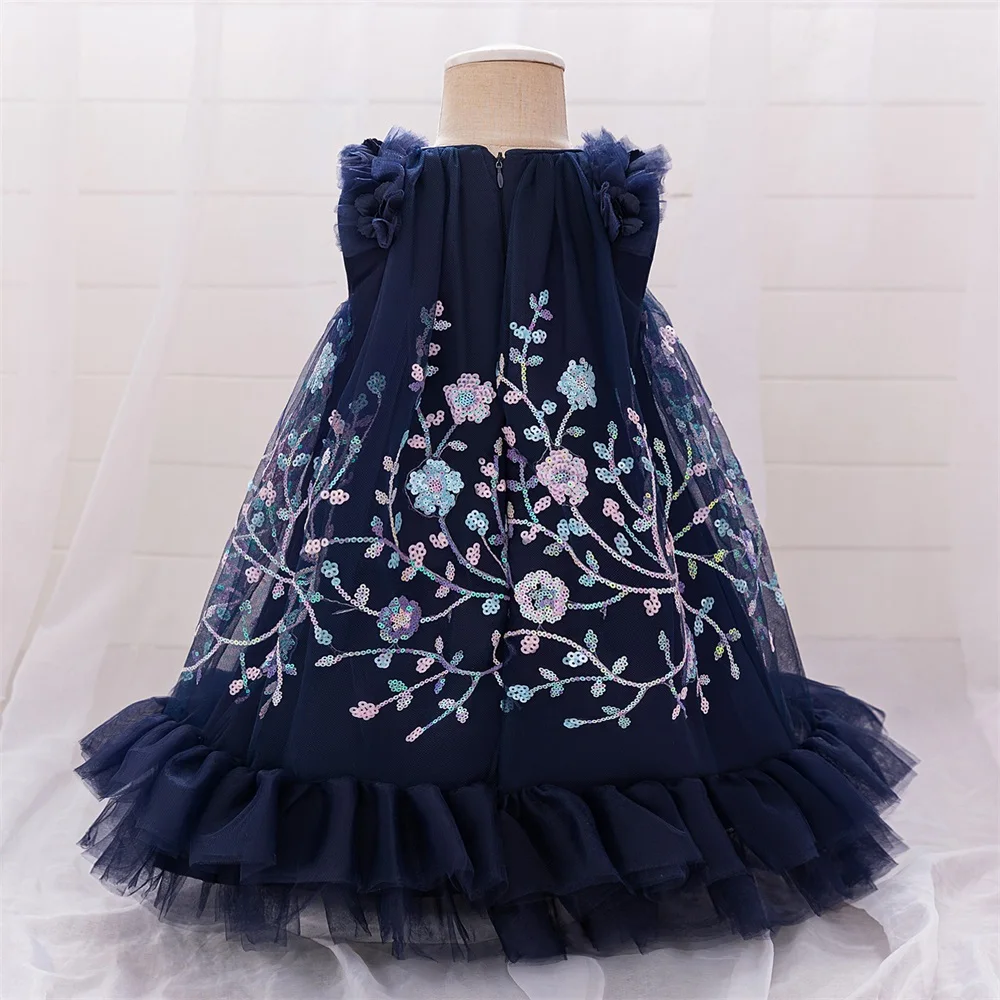 Flower Embroidery Party Tutu Dress For Girls Kids Blue Lace Summer Tutu Dresses Princess Gown Girl Sleeveless Christening Wear