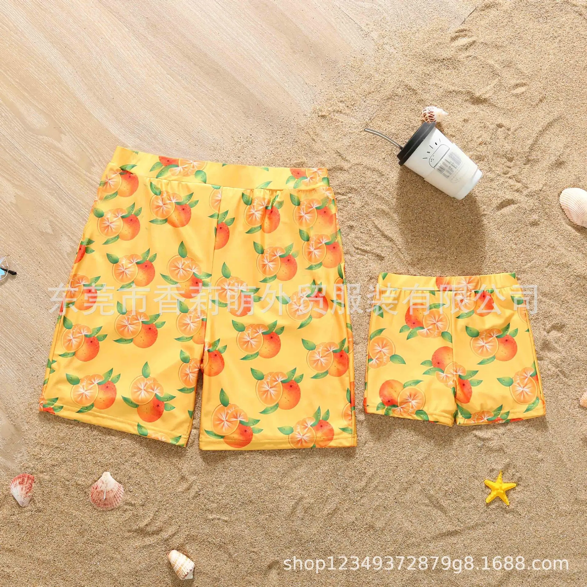 Family Matching Outfits Orange Print Holiday Look Beachwear Adult Kids Swimsuit Women Girls One-piece Suit Men Boys Shorts