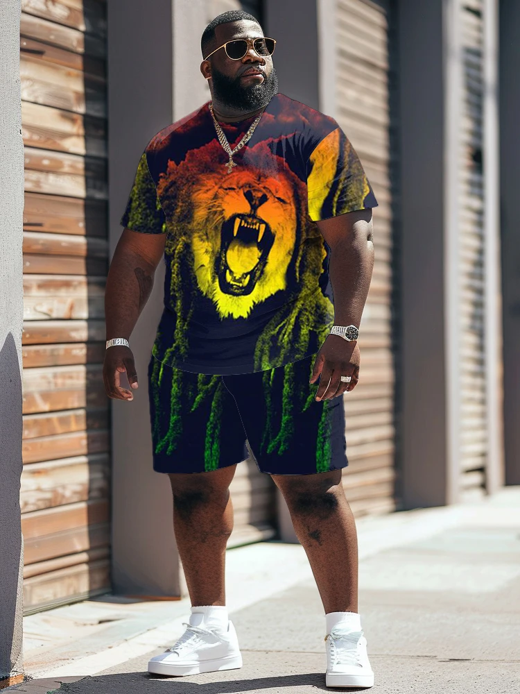 ZOOY (L-9XL) Plus Size Men\'s Waist 166cm Tiger Lion Head Gradient Colored Print Trendy Cool Short sleeved T-shirt Shorts Set