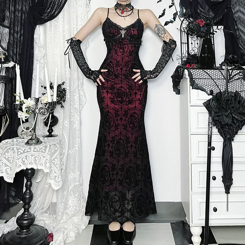 Dunkler Gothic-Stil, Y2k-beflocktes Leibchenkleid, 2023, Sommer, neue sexy Abendparty-Outfits, heißes Mädchen, schlanke Mode, lange Kleider für Damen