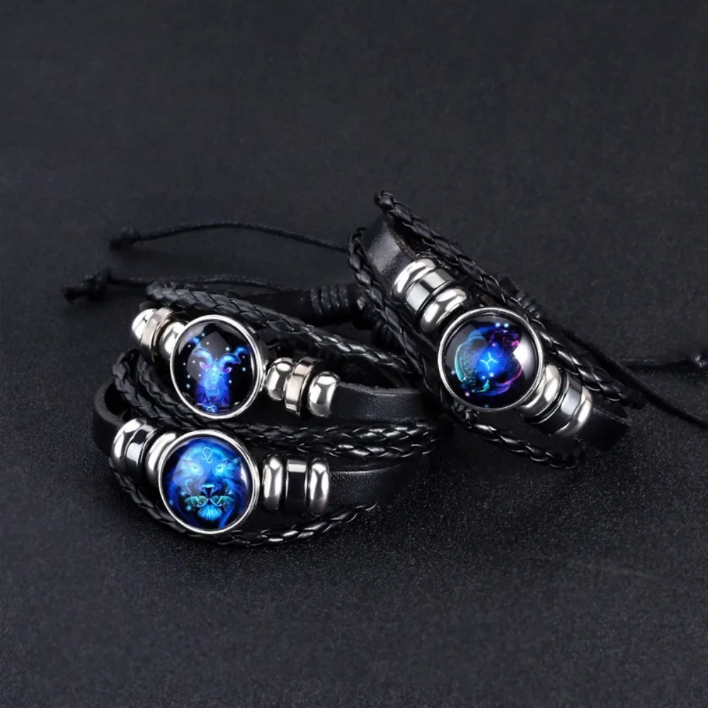 Pulsera de cuero trenzado negro con signo del zodiaco de 12 constelaciones, cáncer, Leo, Virgo, Libra, joyería de cúpula de vidrio tejida, pulsera Punk para hombres