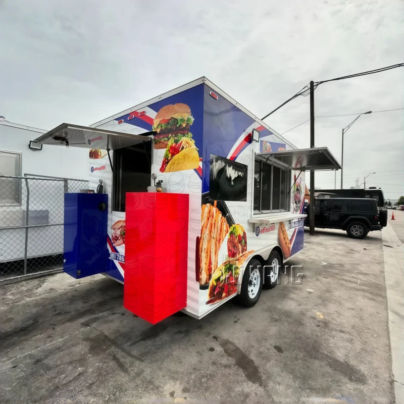 Custom.China Factory ODM OEM امتياز الفولاذ المقاوم للصدأ مقطورة طعام مجهزة بالكامل الولايات المتحدة الأمريكية كشك مركز تسوق متنقل للوجبات السريعة Tru