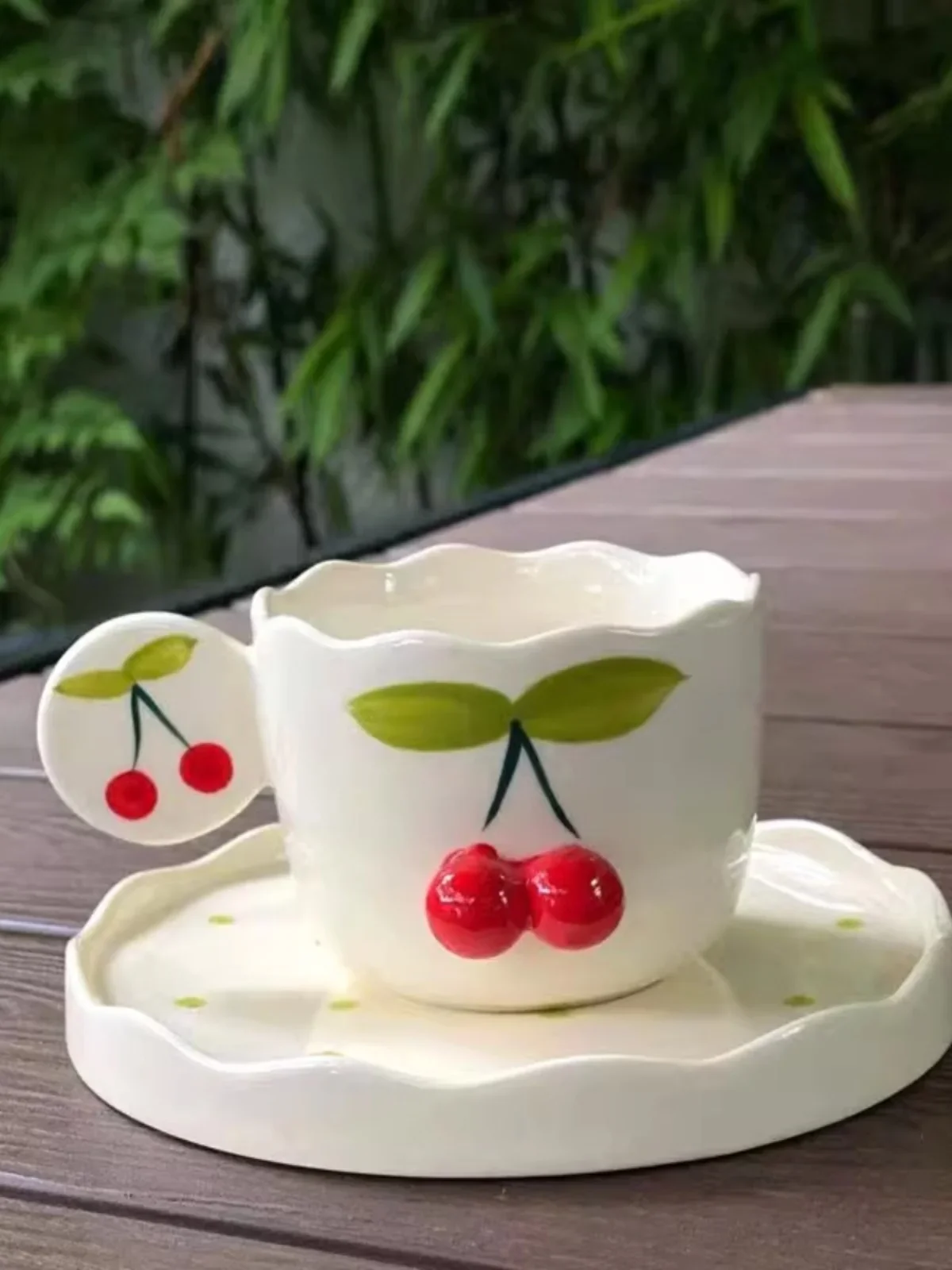 Tazas  cerezas pintadas a mano  cerámica, tazas  café y platillos  cerezas, lindas tazas tridimensionales, nueva tempora