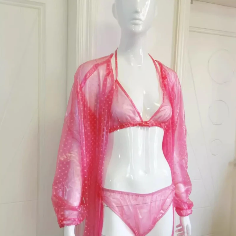 

3-piece Set Sexy Pink Polka Dot PVC Plastic See Through Briefs Bra Robe Soft Smooth Silent Couple Erotic Underwear FKK Party