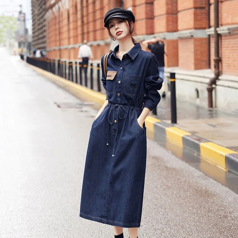 Classic Blue Women Denim Dress Embroidery High Waist Drawstring Long Jean Dresses 2024 New Spring Elegant Female Shirt Dress