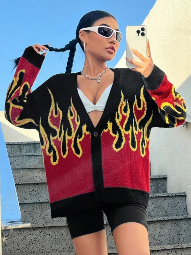 

Y2K Aesthetic Street Button Sweater Winter And Autumn Color Flame Pattern Contrasting Color Design Wweater Cardigan Knit Sweater