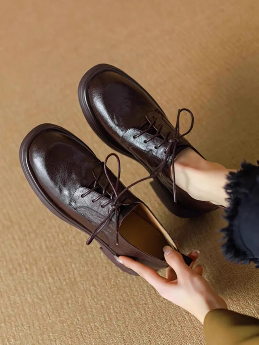

New Round Toe Retro Brown Lace-up Commuter Chunk-heeled Single Shoes for Women Top Layer Cowhide Small Leather Shoes