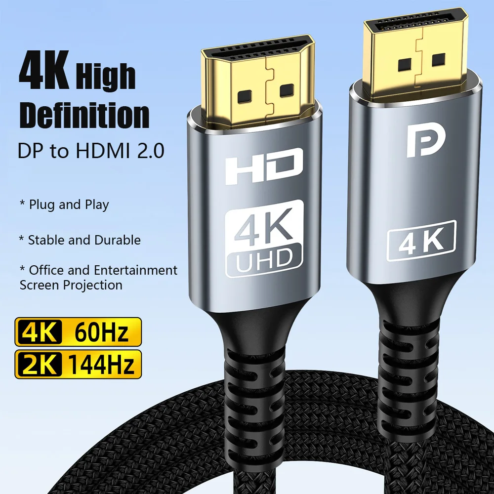 4K@60Hz DP to HDMI 2.0 Compatible Cable DisplayPort to HD Adapter 2К /144hz Video Audio for PC HDTV Projector Laptop