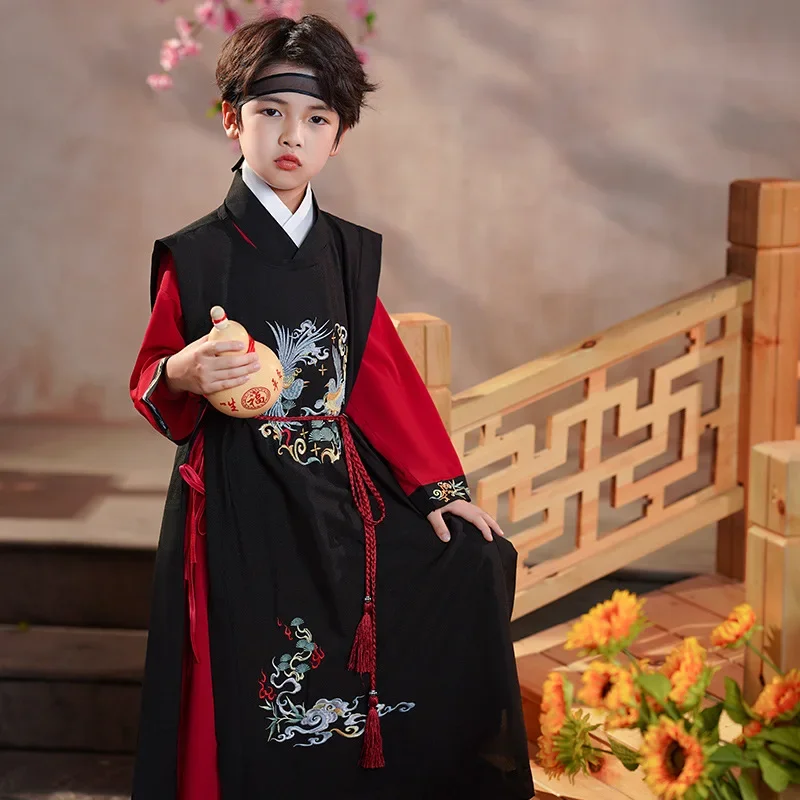 Chinese Traditional Ancient Style Original Tang Suit Improved Boy Hanfu Men Embroidered Round Neck Robe Set Inside Outside Coat