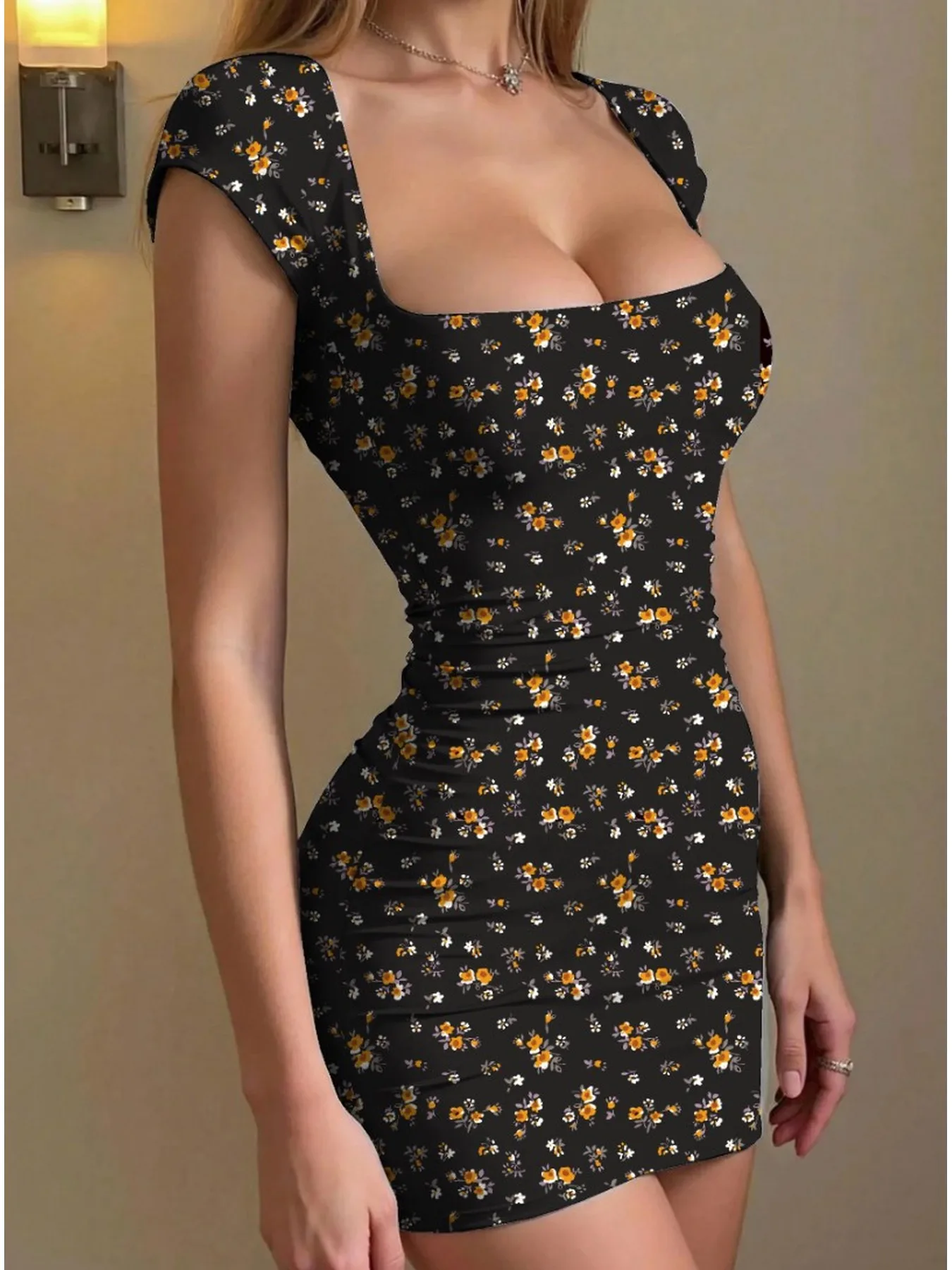 Damen-Sommerkleid, sexy, modisch, lässig, elegant, mit tailliertem Schnitt, quadratischem Ausschnitt, ärmellos, mit Blumenmuster, Minirock. – Detail 5