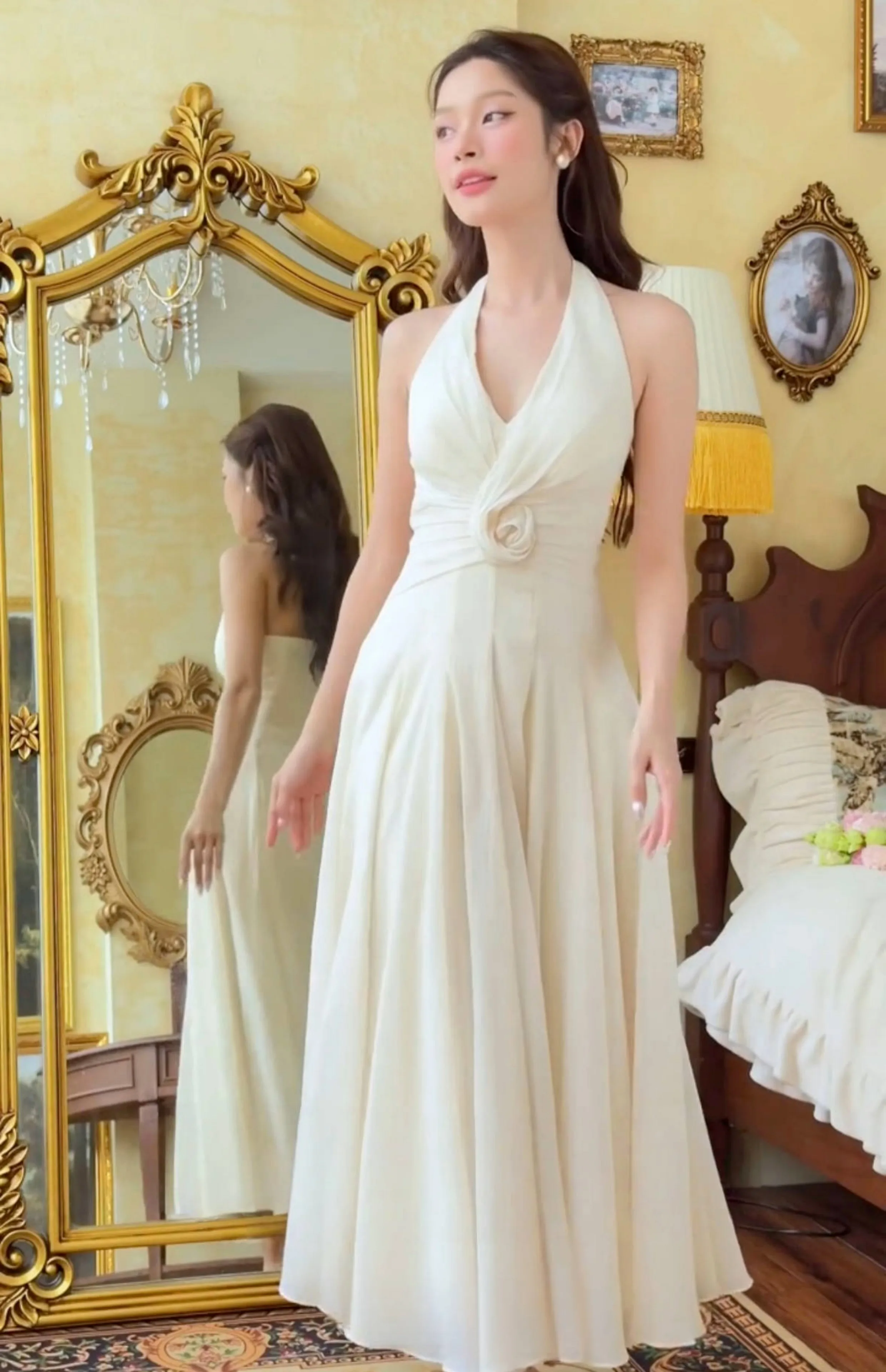 

Sladuo Elegant Off-Shoulder Long Dress V-Neckline Slimming Sleeveless Women's Vacation Island Style Maxi Dress