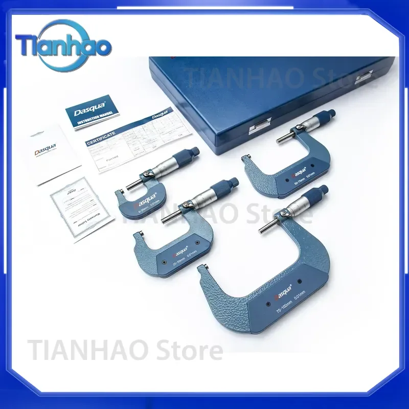 Dasqua Mechanical External Micrometer Set for 0-100mm 4pcs Including 0-25mm 25-50mm 50-75mm 75-100mm Outside Micrometers