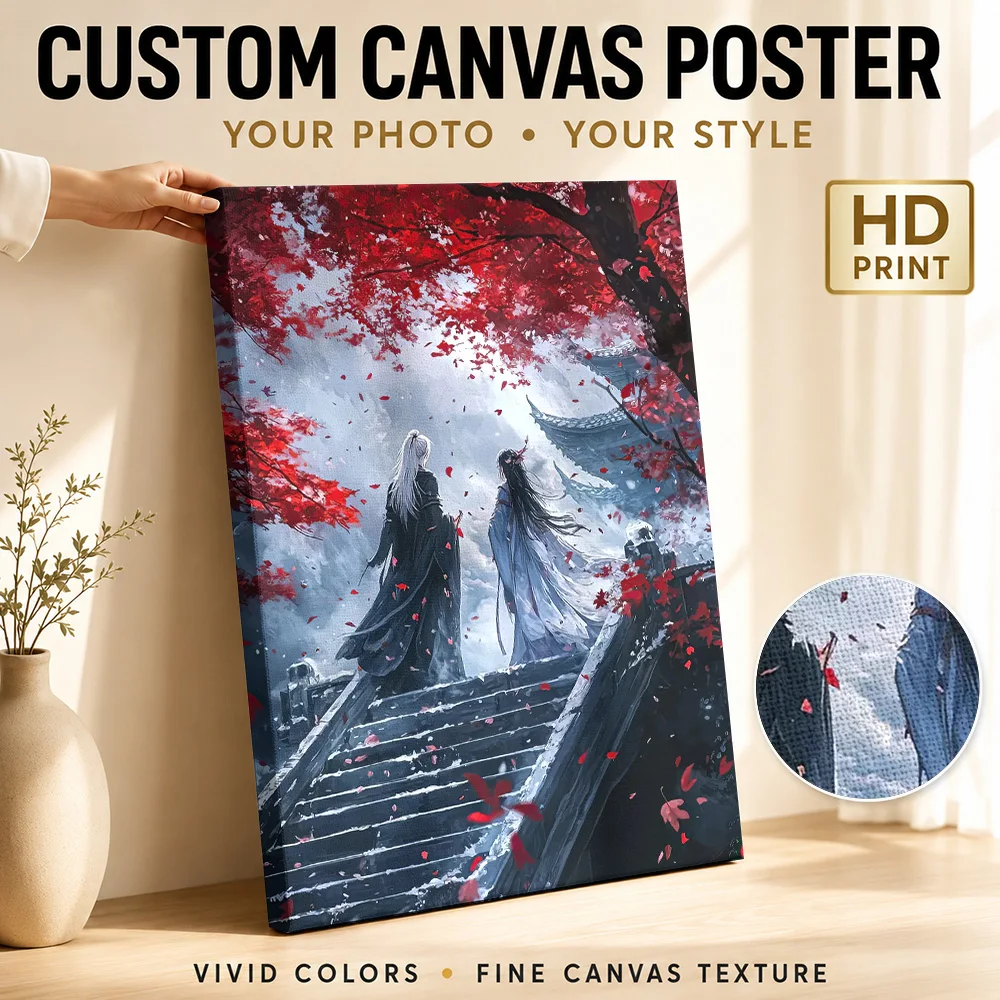 Anime Couple in Red Autumn Canvas Painting Poster Custom Gaming Anime Wall Art for Game Room Decor Ready to Hang Gift for Fans
