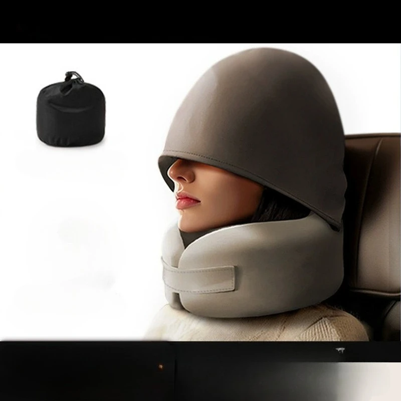 4-Season Travel Neck Pillow with Attached Hood, U-Shaped Memory Foam Head Support for Airplane Car Train Portable Pillow