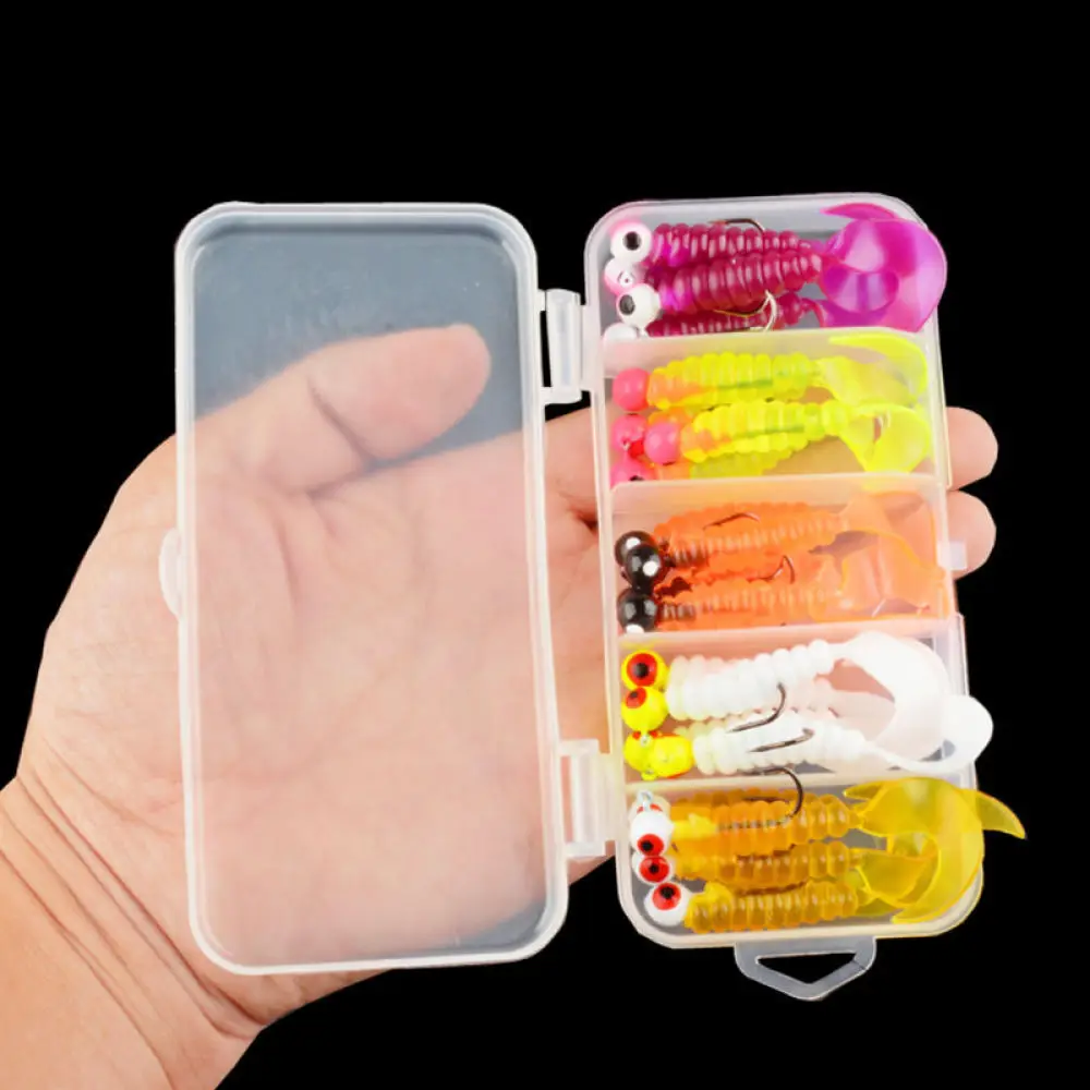 Fishing Soft Plastic Lures Kit Curly Tail Grub Baits With Jig Hooks For Bass Perch Predator Angling Tackle Box