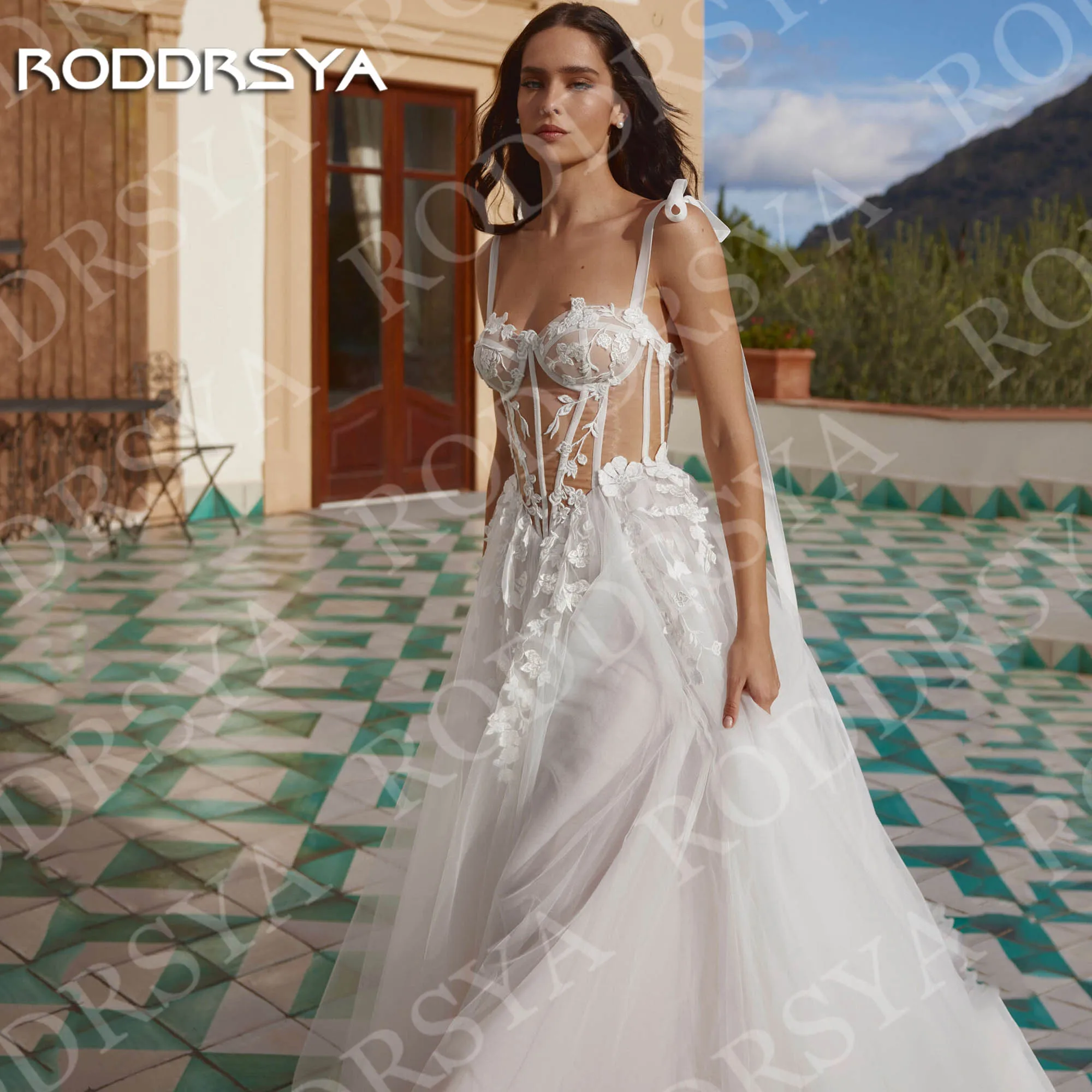 RODDRSYA السباغيتي حزام ألف خط فساتين الزفاف أنيقة يزين تول الدانتيل فستان زفاف الشاطئ مخصص حزام سباغيتي خط فساتين الزفاف الأنيقة التطبيقات تول الدانتيل شاطئ فستان العروس مخصصة