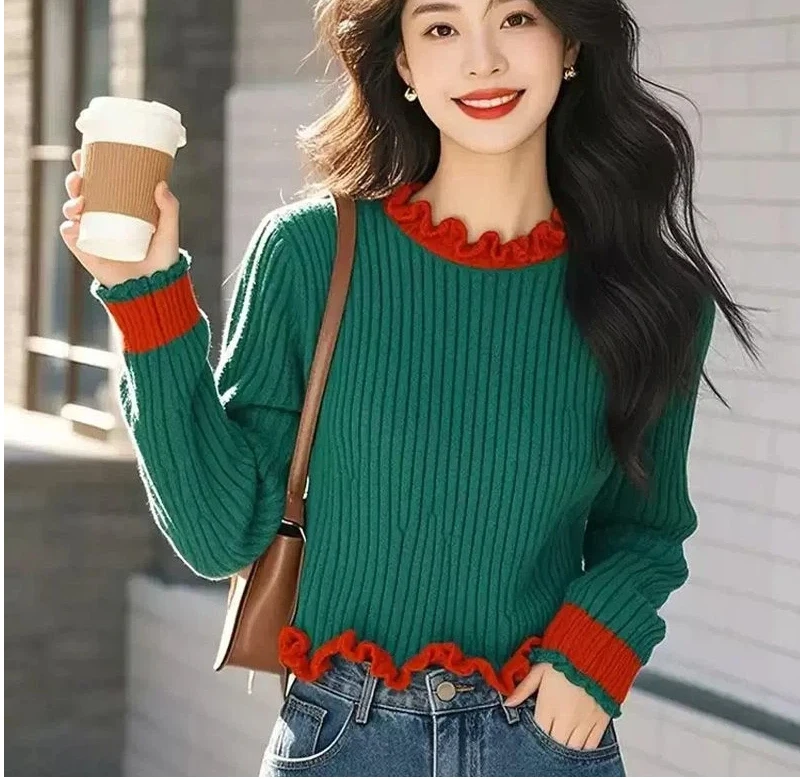 Spliced   color-blocked Round Neck Sweater Long-sleeved Sweater 2025 New Lazy Winter Tops for Women Design