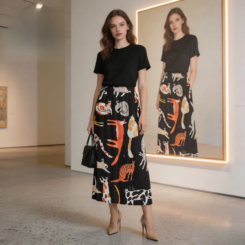 Miyake Pleated 2026 Niche Design Printed Skirt Summer New Style Elegant Age-Reducing Slimming Mid-Length Skirt for Women Pleat