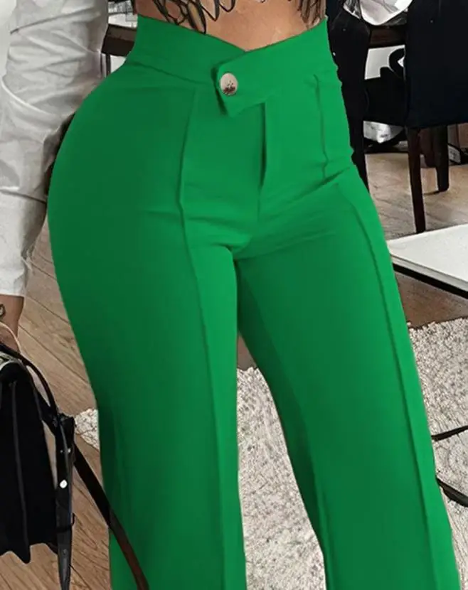 Solid Color V-Neck High Waisted Button Design Straight Leg Pants for Commuting, Casual, Versatile, Loose Fitting Suit Pants