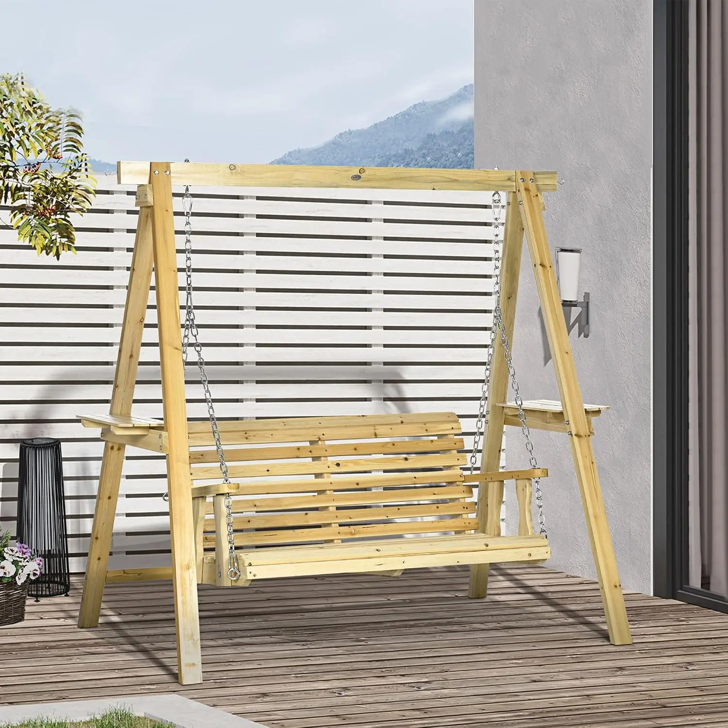 2-Seat Porch Swing w/Stand & Side Tables Metal Chain Natural Wood, Customized
