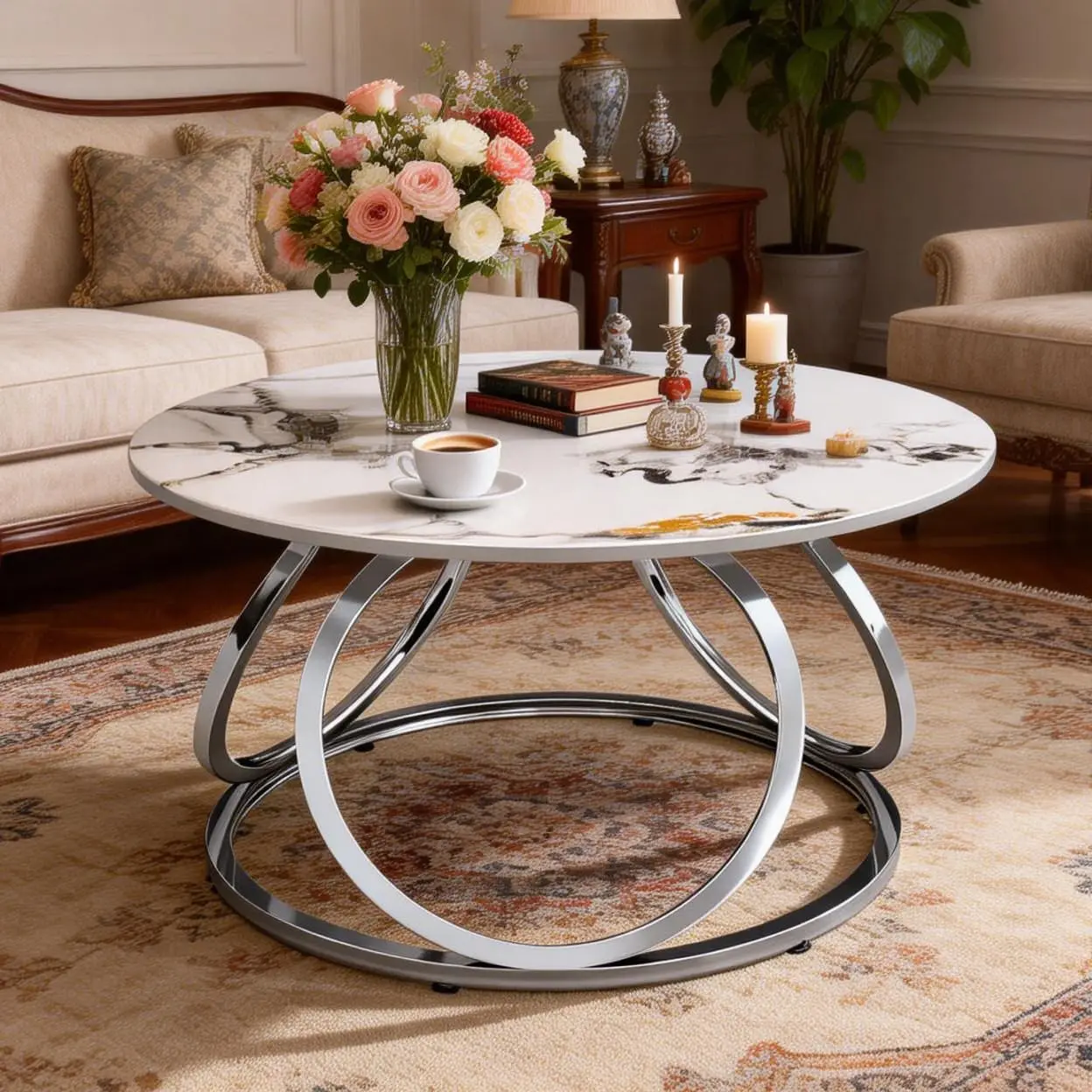 

Round Silver Coffee Table, Sintered Stone Tabletop & Ring-Shaped Frames, Modern Marble Look Center Table for Living, Customized