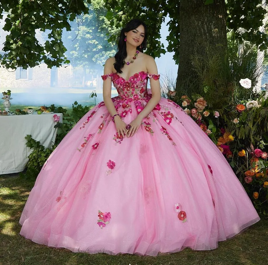 Vestido de quinceañera Floral 3D rosa fucsia, chaqueta con hombros descubiertos, bordado de flores, brillante, 15