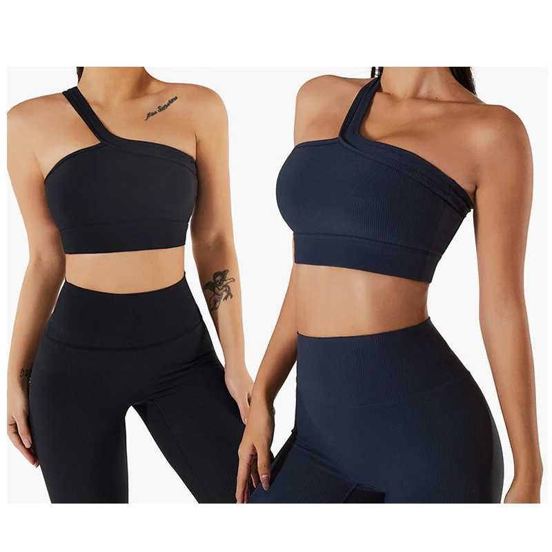 Seamless Women Yoga Set Workout Sportswear Gym Ribbed Fitness One Shoulder Crop Top Bra High Waist Leggings Sports Suits