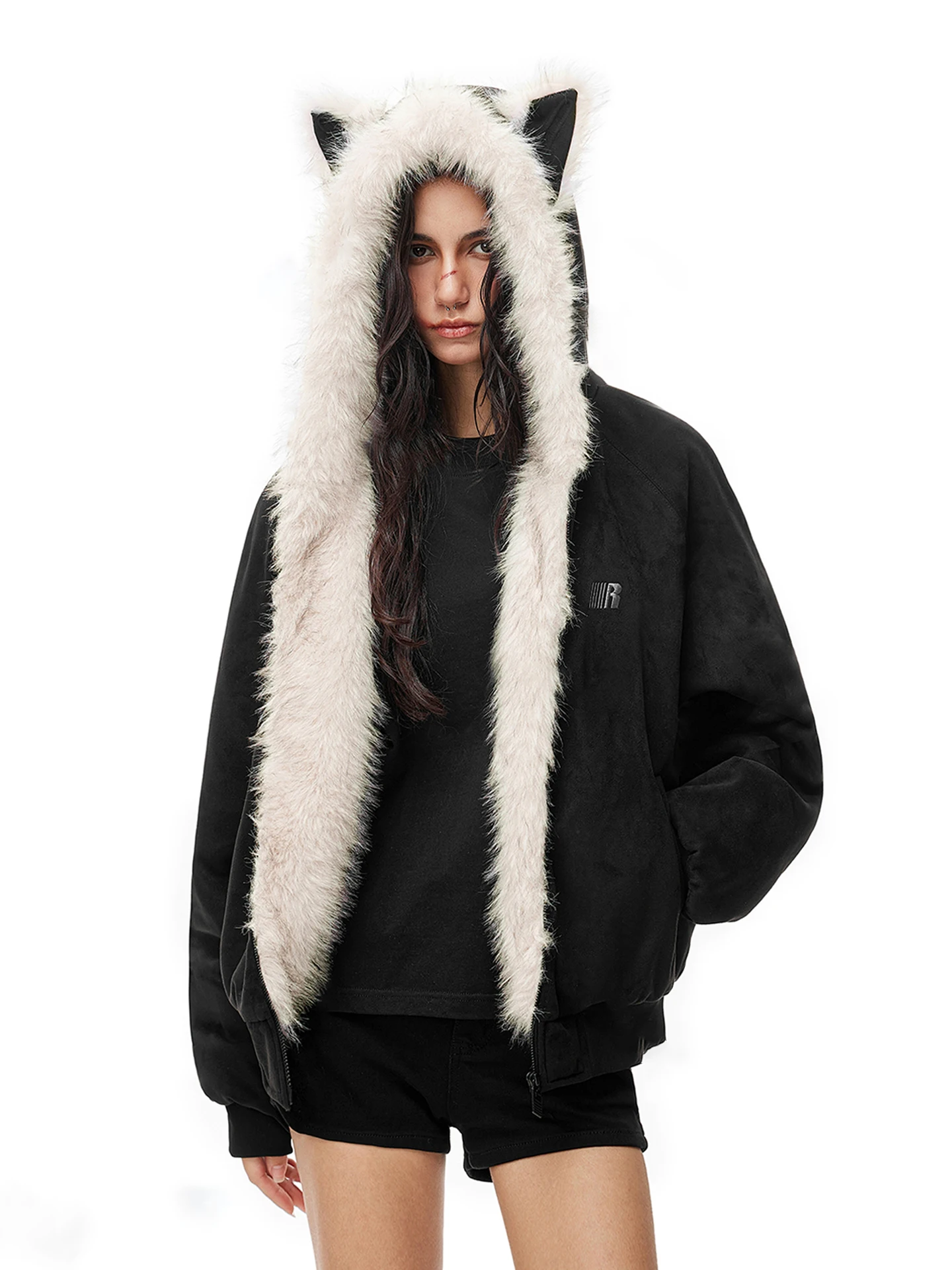 

Thiened Bla Ears Mountain Hawk Jaet Suede Collar Hooded Cotton Coat for Couples Winter Warm Youth Casual Faion