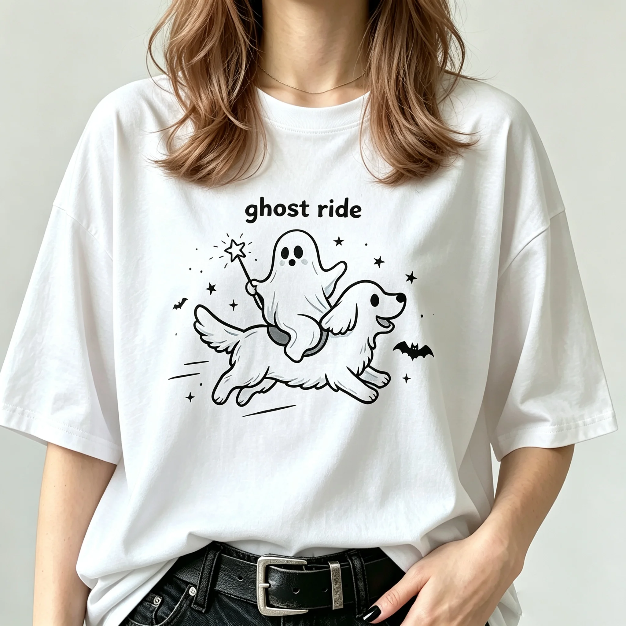 Ghost Ride Cute Ghost Riding Dog Graphic T Shirt Cartoon Bat Star Magic Wand Print Women Short Sleeve Casual Halloween Tee
