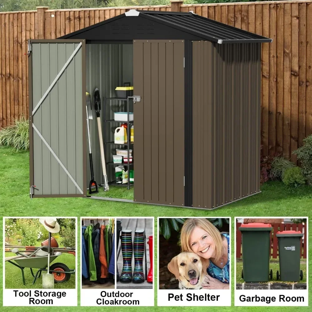 Metal Outdoor Storage Shed 6 X 8 FT Metal Shed With Lockable Door Brown Garden Buildings Tools Booth Shelter Supplies Home