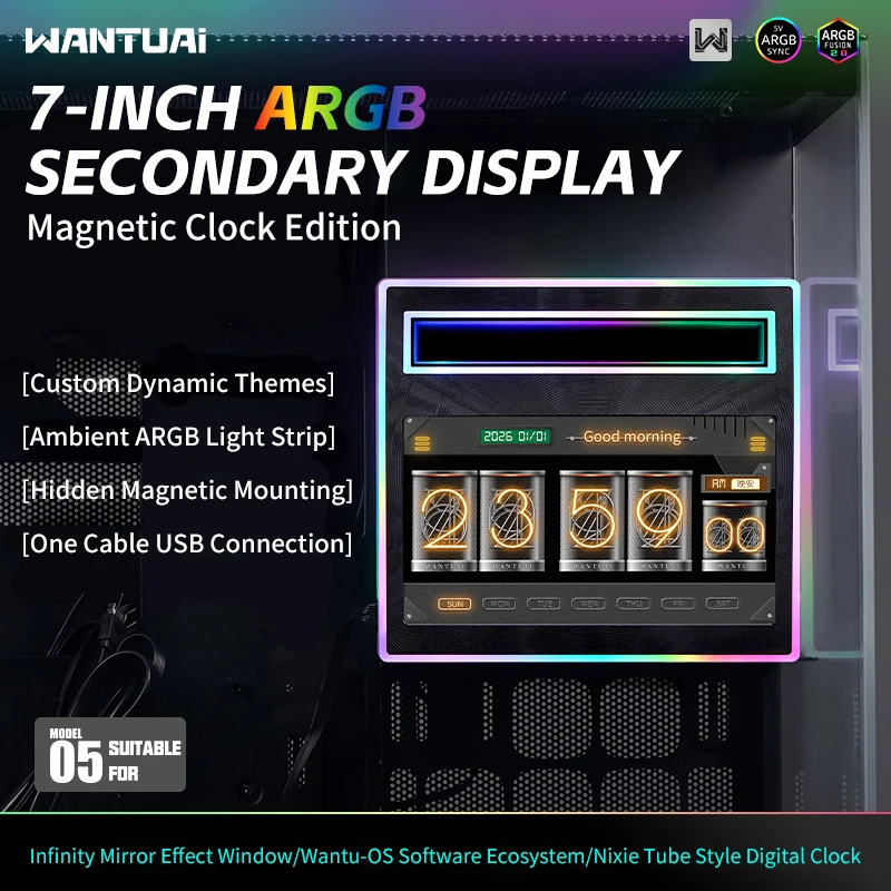 WANTUAI M5  ARGB Computer Smart Display Screen,7-inch/Magnetic design/CD textured panel/1024x600 resolution/USB communication