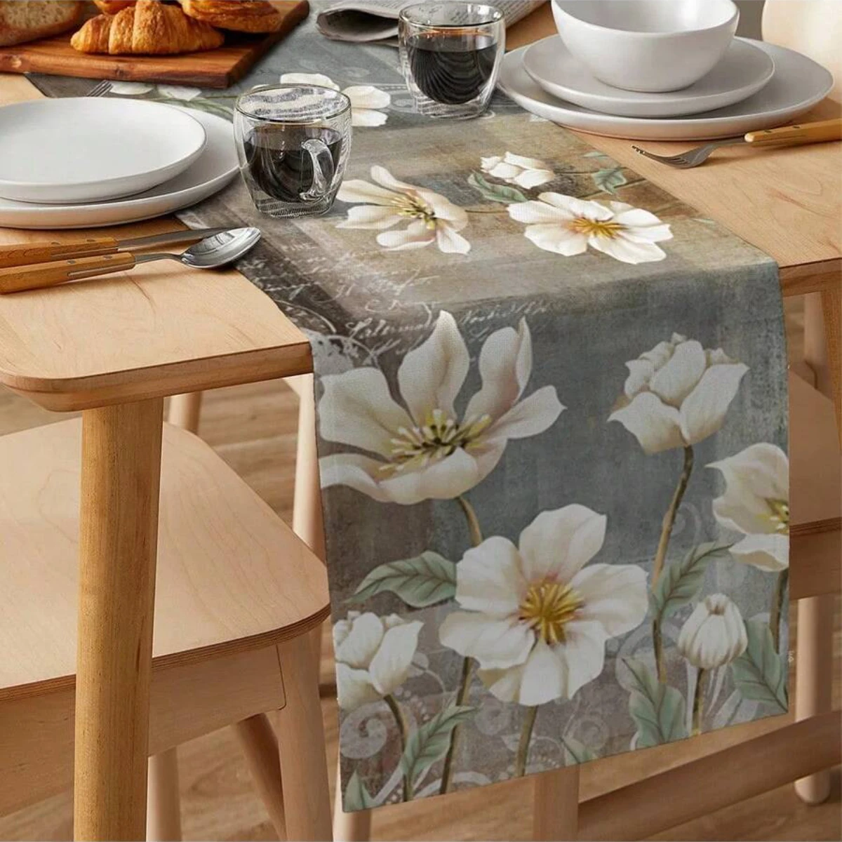 Vintage Tulips Flowers Linen Table Runners Summer Floral Dresser Scarf Table Decor Holiday Wedding Party Home Dining Table Decor