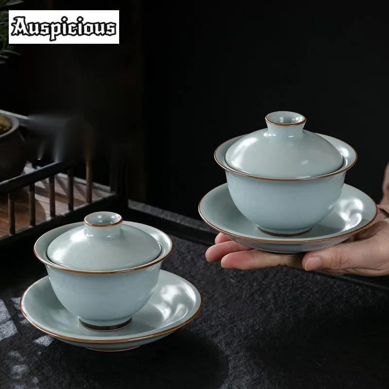 180ml Azure Ru Kiln Porcelain Gaiwan Aesthetic Opening Tea Lid Set Tea Tureen Household Tea Maker Cover Bowl Teaset Supplie Gift