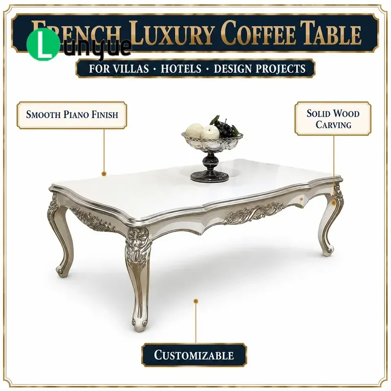 Large French Coffee Table Solid Wood Carved Floral Neoclassical Center Table for Luxury Villa Living Room Elegant Home Decor